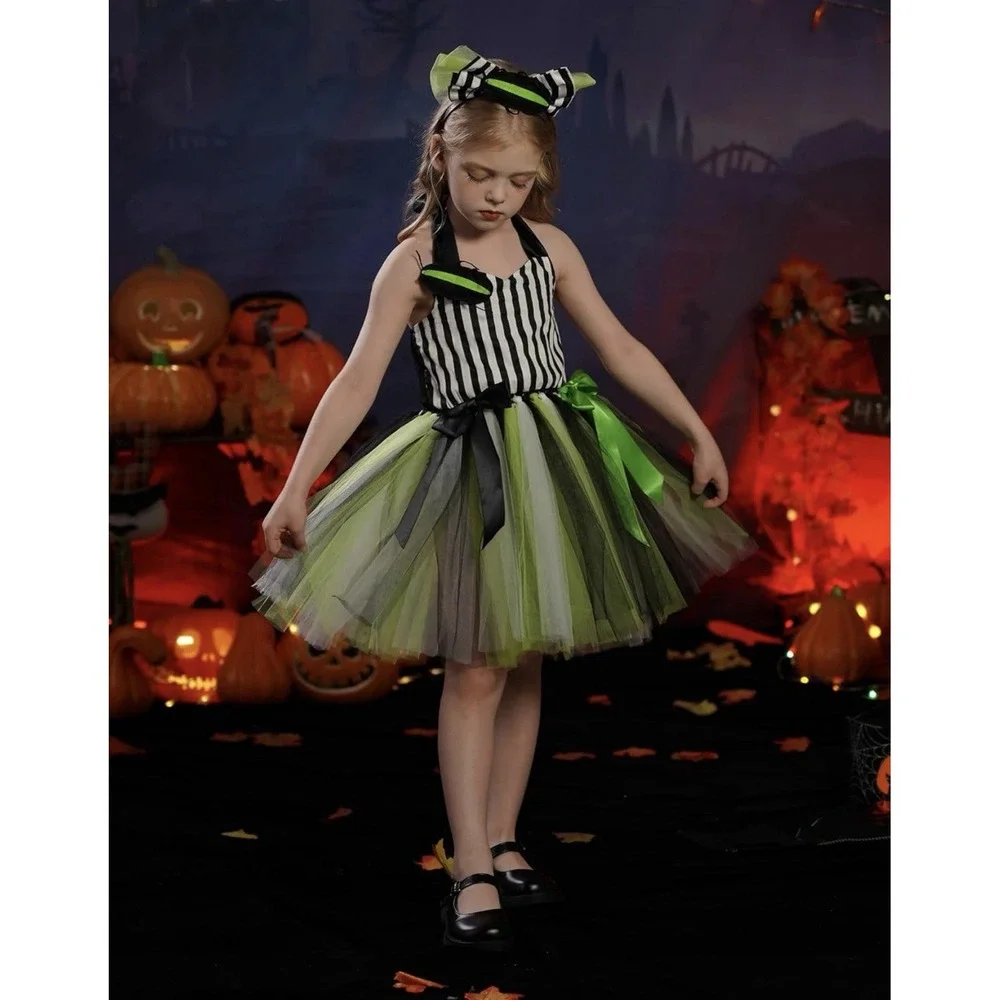 Girls Beetlejuice Inspired Halloween Costume Tutu Dress & Headband Set Green 5-6